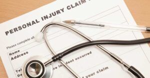 Personal injury claim form with a stethoscope, illustrating personal injury lawyer services at Welcome Law Firm in Bridgeport